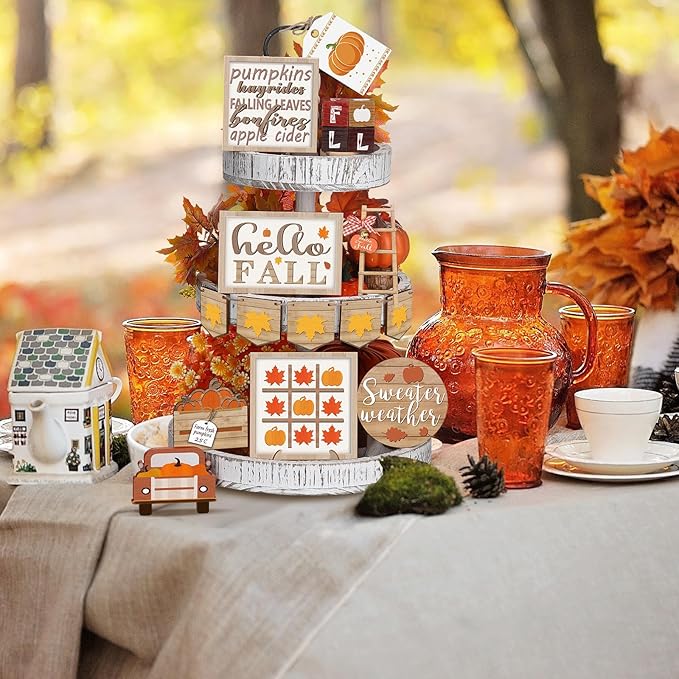 14 Pcs Thanksgiving Tiered Tray Decorations Set Thanksgiving Pumpkin Maple Tiered Tray Decorations Set Rustic Farmhouse Pumpkin Truck Spice Blocks Autumn Wooden Sign for Winter Christmas
