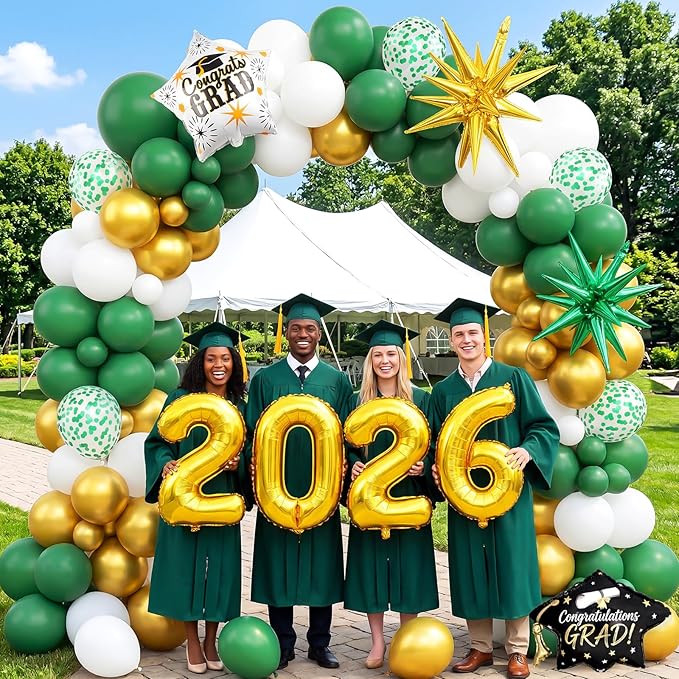 Green White Gold Balloon Arch Kit, Graduation Balloons Garland, 2026 Graduation Decorations Green Gold and White Balloons with Foil Star Balloon for Class of 2026 ollege High School Party Decor