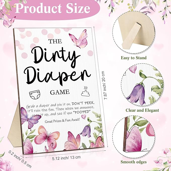 Roowest 51 Pcs Dirty Diaper Baby Shower Games Funny Wooden Sign with 50 Pcs Mini Diapers Cute Felt for Gender Reveal Party Baby Shower(Pink Butterfly)