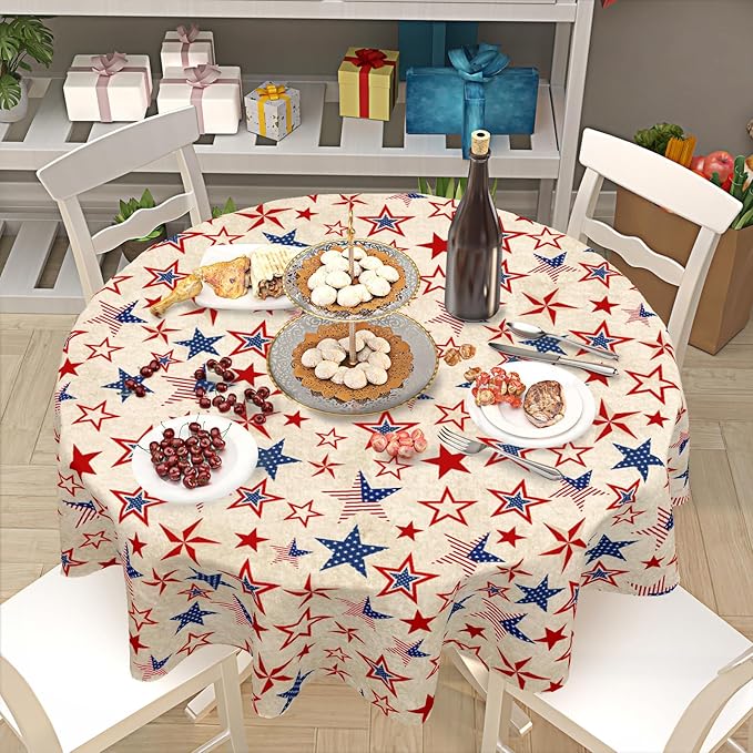 Vintage Fourth of July Tablecloth Round 60 Inch 4th of July Patriotic Outdoor Table Cloth Rustic USA Memorial Day Table Cover for Kitchen Dinner Room Holiday Party Home Independence Day Decor