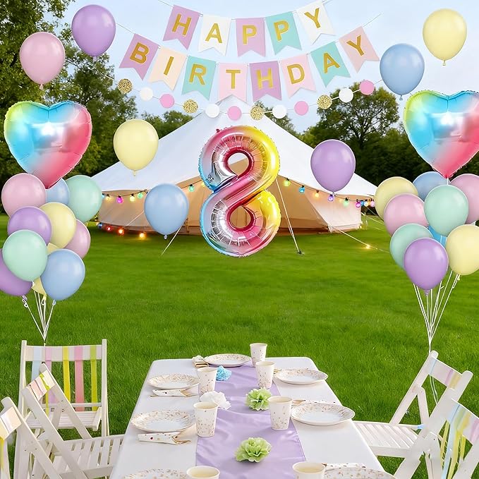 8th Birthday Decorations Rainbow,Gradient Number 8 Balloon,Pastel Happy Birthday Banner Fringe Curtain Heart Foil Balloons Boys Girls 8 Year Old Decor