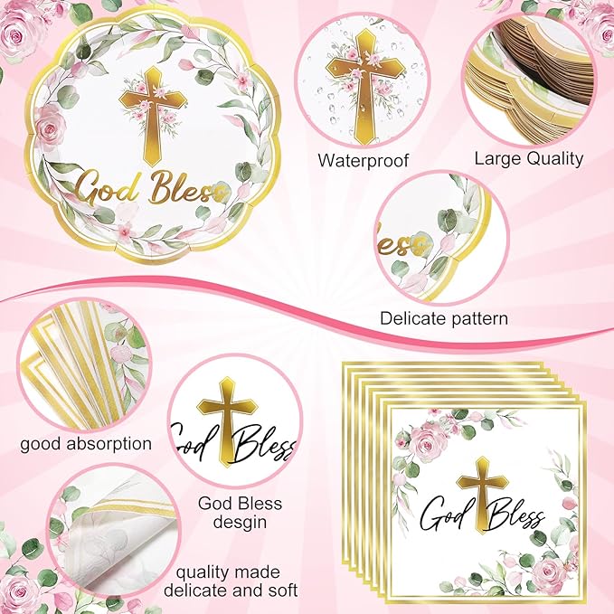 Pickmesh 194 Pcs God Bless Baptism Party Decoration Girl for 24, Pink Floral Baptism Paper Plate Napkin Cup Tablecloth Cutlery First Holy Communion Tableware for Christening Baby Shower Supply