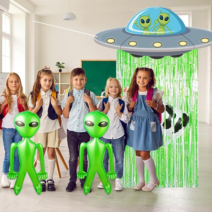 Alien Door Curtains with Tinsel Foil Fringe Curtain Alien Cow Balloon Party Decorations UFO Spacecraft Flying Saucer Spaceship Hanging Banner Backdrop for Birthday Baby Shower Wall Door Decor (Green)