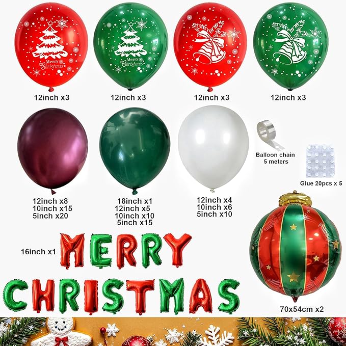 Merry Christmas Balloons Garland Arch Kit 115pcs Red Dark Green Balloons Deer Christmas Tree Print Balloons Ball Letters Foil Balloon for Merry Christmas Xmas New Year Friendsmas Birthday Party Decor