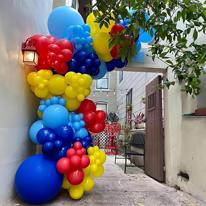 127 PCS Red Blue Yellow Balloon Garland Arch Kit Cartoon Primary Color Balloons with Gold Circle for Cartoon Theme Carnival Circus Baby Shower Birthday Party Decorations