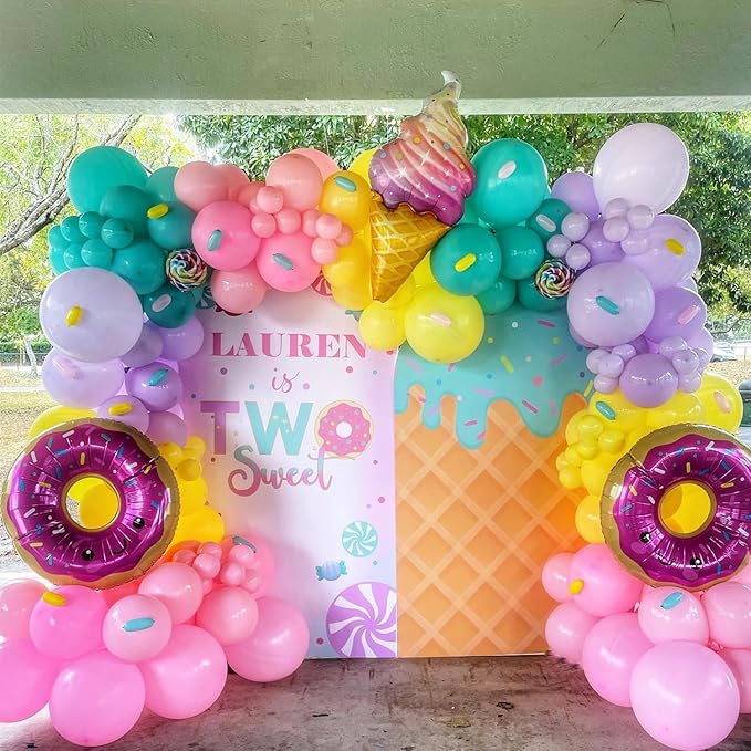 153Pcs Rainbow Donut Balloon Arch Garland Kit with Sprinkles Donut Ice Cream Lolly Foil Balloons for Girls Kids Candyland Sweet One Two Sweet Donut Grow Up Birthday Party Decorations