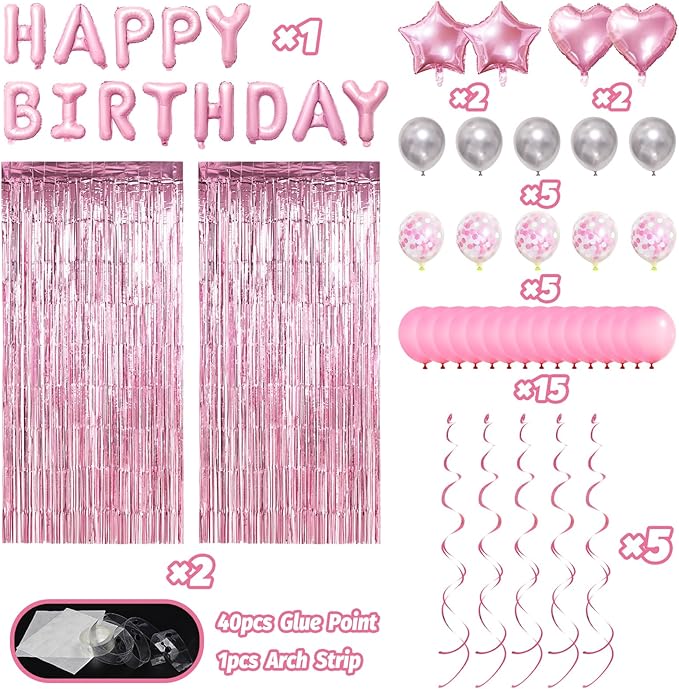 Pink Birthday Decorations, Happy Birthday Banner, Confetti Balloons, Fringe Curtain, Heart Star Foil Balloons, Hanging Swirls for Women Girls Princess Party Decorations