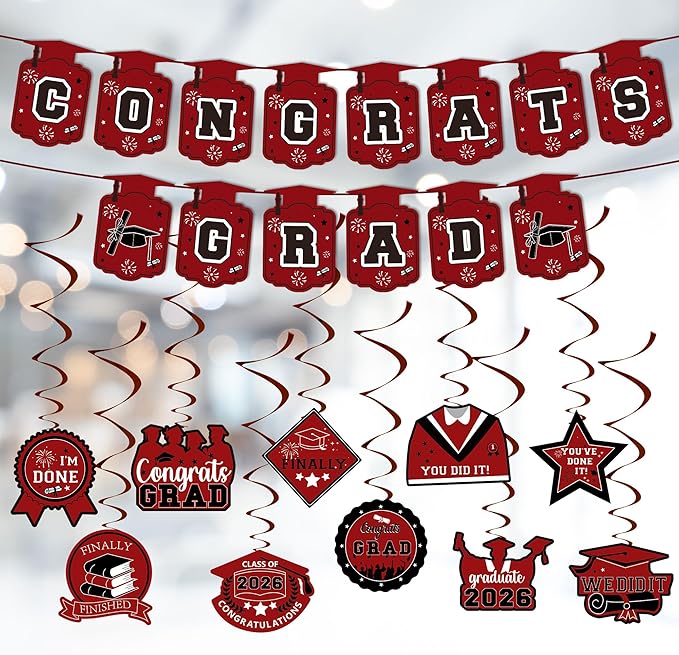 Graduation Decorations 2026, Class of 2026 Backdrop, Banner, 2026 Foil Balloons, Tablecloth, Hanging Swirls, Honeycomb Centerpieces, Party Supplies Decorations Set for College (MAROON)
