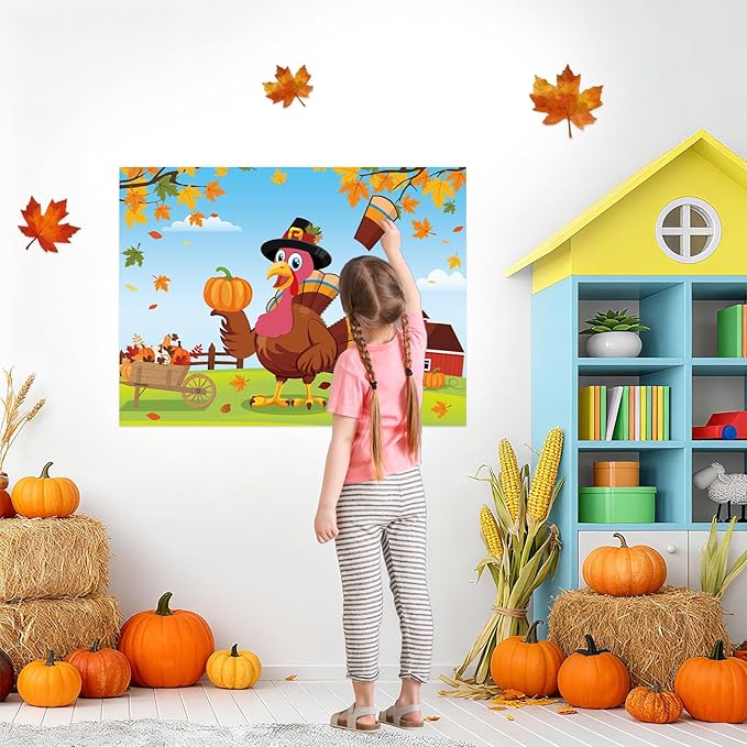 Pin The Tail on The Turkey Party Game with 24 PCS Tails for Kids Thanksgiving Fall Family School Games Activities