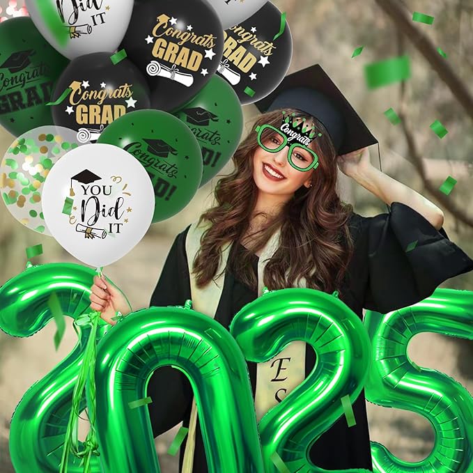 Green Black Graduation Decorations 2025 - Graduation Latex Balloons with Congrats GRAD Backdrop Banner, 2025 Number Balloons, Paper Pom Poms for College Celebrations Graduations Party Supplies