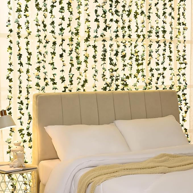 BLEUM CADE 5Pcs 41Ft Flower Garland Artificial Rose Vines with 32.8Ft String Lights, Cute Fake Hanging Flower Vines Floral Garland Decorations for Wedding Party Wall Room Decor Aesthetic