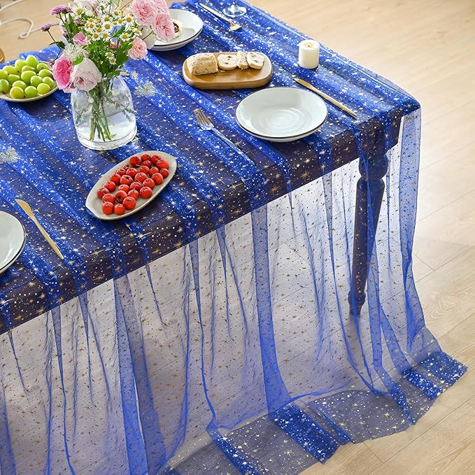 Horaldaily Royal Blue Gold Sparkling Star Gauze Tablecloth 60x60 Inch Square, Golden Star Sequin Glitter Metallic Foil, Sheer Tulle Cheesecloth for Wedding Baby Shower Party