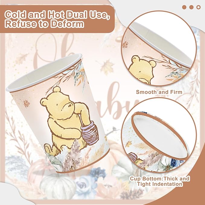 120PCS Fall Vintage Winnie Bear Party for Babyshower Supplies Classic Bohemia Bear Party Autumn Pumpkin Decorations Boho Neutral Winnie 1st Birthday Plates Napkin Cups Tableware Set for 20 Guests