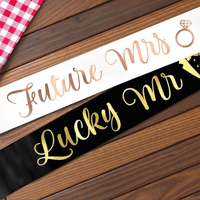 Future Mrs & Lucky Mr - Bride to Be & Groom to Be Sash Kit, Gold Glitter Bachelorette & Bachelor Sash for Wedding Bridal Shower Party Decorations Engagement Gifts (White and Black)