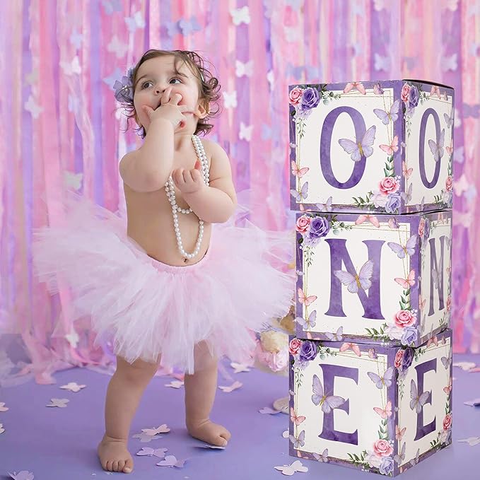 Butterfly First Birthday Decorations for Girl, Purple Butterfly Themed 1st Birthday Party Balloon Arch Kit with Backdrop Boxes Foil Balloons Wall Decor, Princess Bday Party Supplies