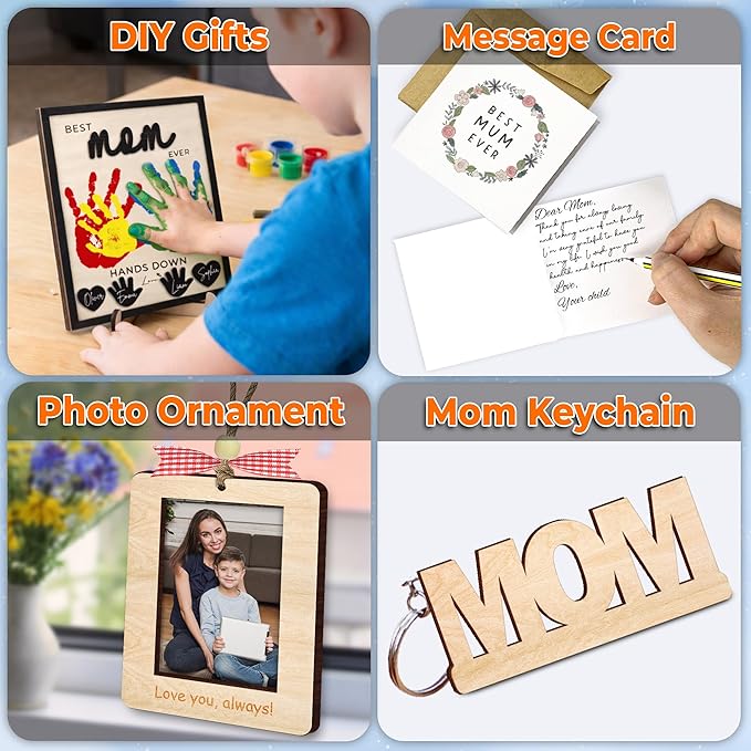 10" Hands Down Best Mom Ever DIY Handprint Kit with Acrylic Paints, Art Craft Family Keepsake Wood Frame Mom Keychain Birthday Gift Mother's Day for Mum, Family Memories Sign with Kids Names HF90-M