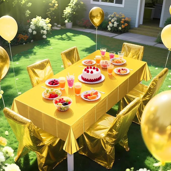4 Pieces Bright Gold Metallic Foil Tablecloth - Stunning Matte Finish, Durable and Easy to Clean - Perfect for Bachelorette, Birthday, Wedding, and Anniversary Party Decorations