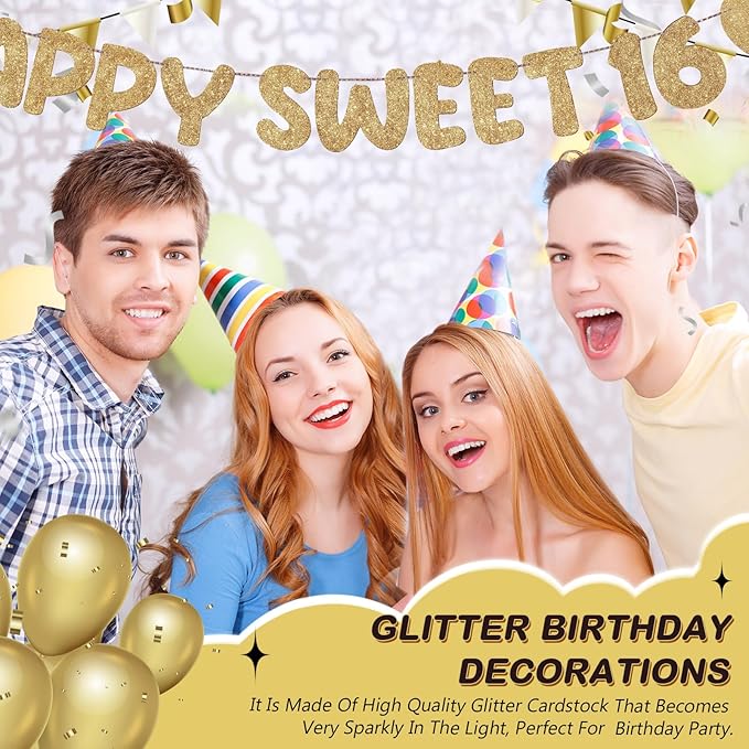 Fulmoon Pre Strung Happy Sweet 16 Banner Glitter Sixteenth Birthday Party Decorations 16th Party Sign Sweet 16 Party Decorations for Birthday Party Bachelorette Party(Champagne Gold)