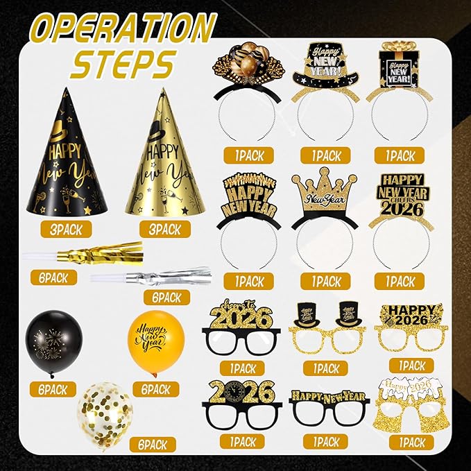 48 Pieces New Years Eve Party Supplies 2026, Happy New Year Decorations Kit Includes Party Headband Tiaras Noise Makers Cone Hats Latex balloons for NYE Decorations