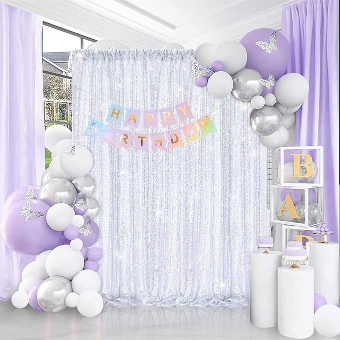 B-COOL Sequin Backdrop Curtain: 2 Panels 2ftx8ft Laser Silver Curtain Backdrop Fabric for Party Birthday Ceremony Satge Backgroumd Decorations
