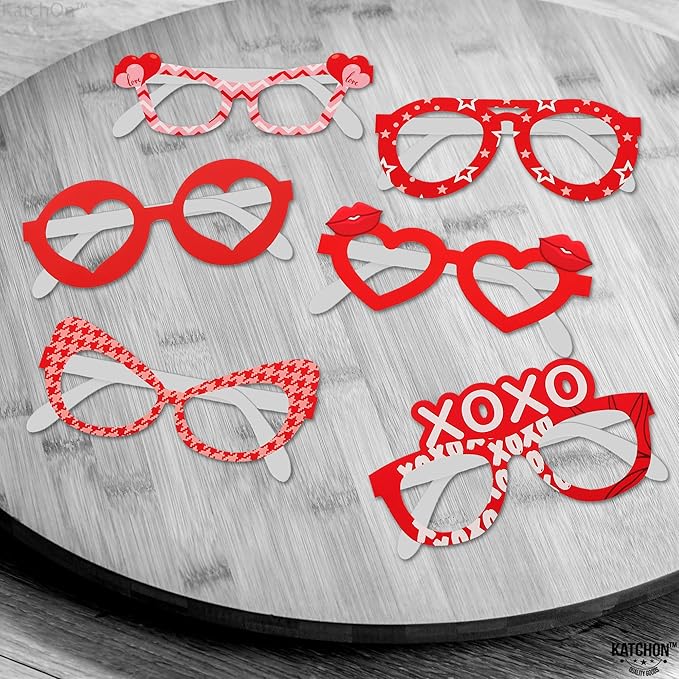 KatchOn, Red Heart Glasses - Pack of 12 | Valentines Glasses for Valentines Day Decorations | Valentines Photo Props for Valentines Decor | 6 Designs Heart Shaped Glasses | Galentines Day Decorations