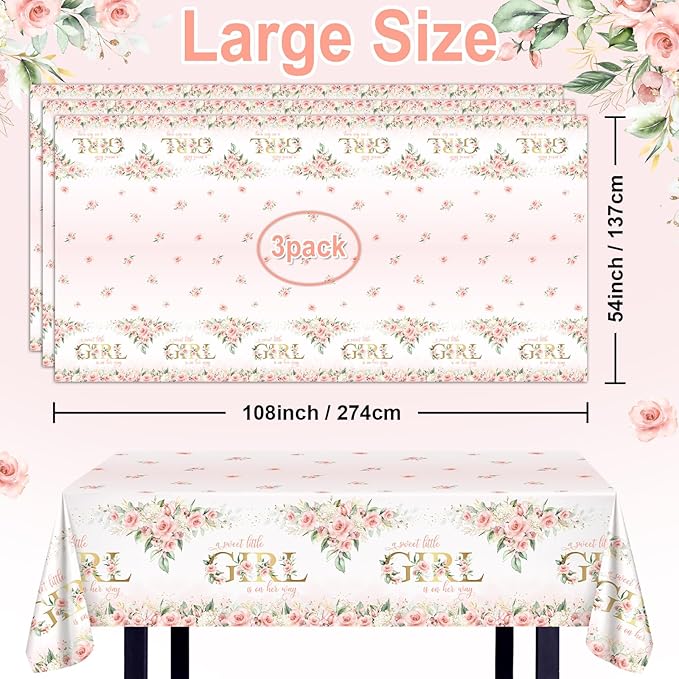 Avezano 3 pcs Girl Baby Shower Tablecloth 108x54 inch Pink Floral Baby Shower Party Tablecovers Disposable A Sweet Little Girl is on Her Way Table Cloth Plastic