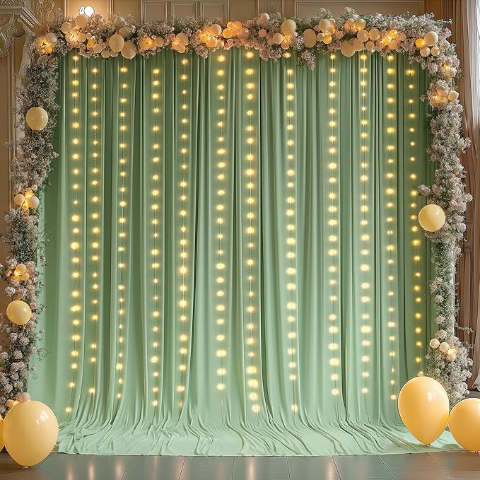 20 x 10ft Sage Green Backdrop Curtains with Lights String for Wedding Polyester Photo Backdrop Drapes Wrinkle Free Curtains Backdrop for Birthday Parties Reception Baby Shower Ceremony-5 x 10ft x 4P