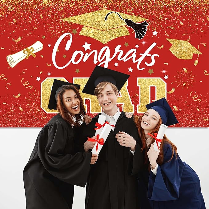 Graduation Party Decorations - Red Gold Congrats Grad Class of 2026 Backdrop Banner Large Sign Wall Decorations Photography Background Party Supplies for 2026 Graduation Party Decorations