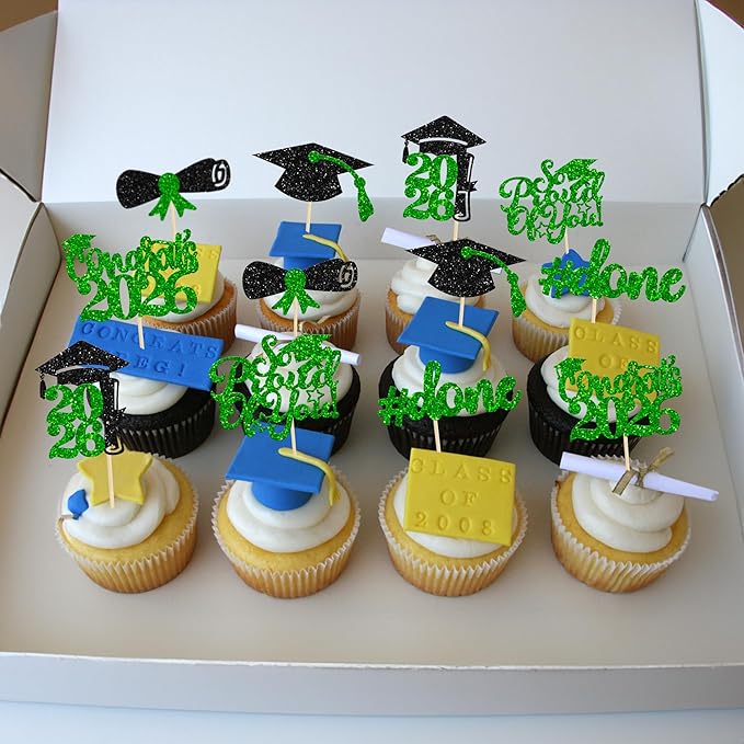 Gyufise 24Pcs Graduation Cupcake Toppers 2026 Glitter Class of 2026 Cupcake Toppers So Proud of You Congrats Grad Cap Diploma Cupcake Picks for Graduation Party Decorations 2026 Green