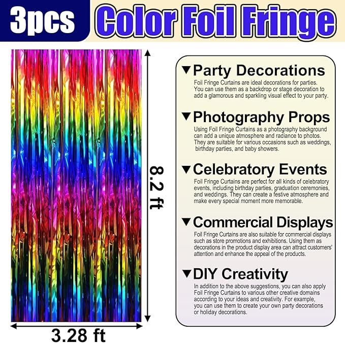 3 Pack Rainbow Foil Fringe Curtain Backdrop, 3.28Ft x 8.2Ft Metallic Tinsel Foil Fringe Streamer Curtains for Photo Booth, Mother's Day, Easter, Birthday, Wedding Party Decorations