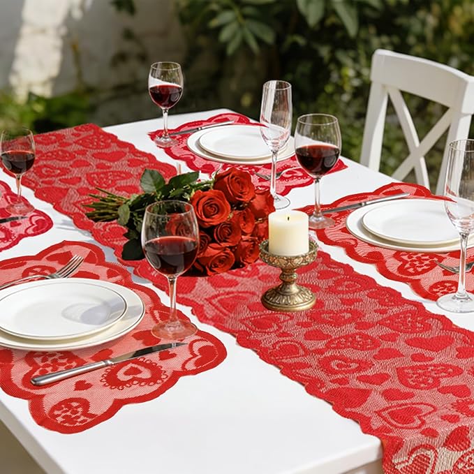 5Pack Valentines Day Decorations Valentine's Day Table Runner Red Heart Lace Table Runner for Valentines Day Decor Anniversary Engagement Wedding Home Table Romantic Decorations 13x72
