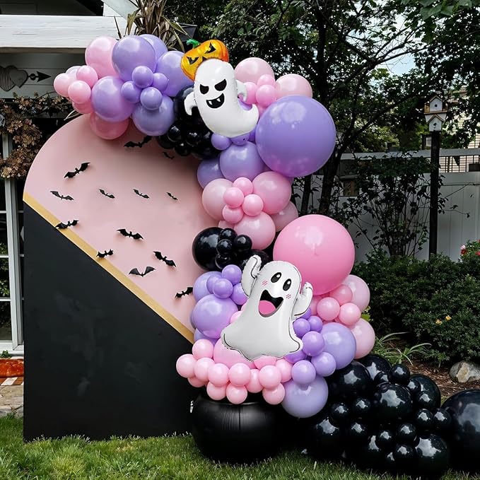 Halloween Balloon Arch Garland Kit,Black Pink Purple Ghost Foil Pumpkin Ghost Balloons for Family Halloween Party Background Classroom Decorations Cosplay Theme Party