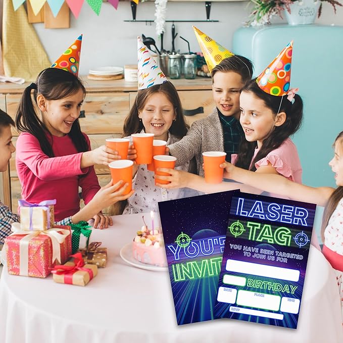 Laser Tag Birthday Party Invitations - You Have Been Targeted - 20-Pack of 4''x6'' Invite Cards with Envelopes, Double-Sided Fill In Birthday Party Celebrate Supplies & Decoration For Boys Teens - A08