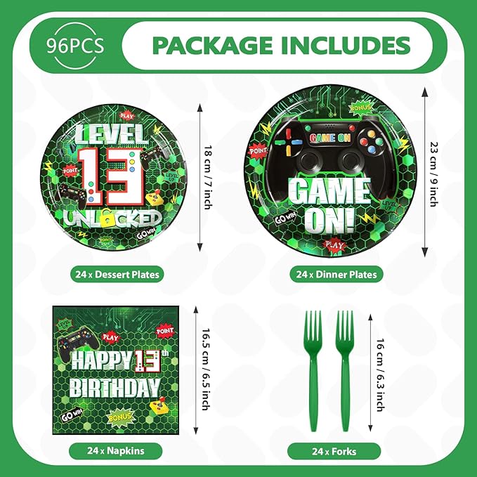 Grencian 96Pcs 13th Birthday Video Game Party Supplies Green Video Game Plates and Napkins Level Unlocked Tableware Set for Gaming Boys 13 Year Old Kids Birthday Party Decorations Serves 24