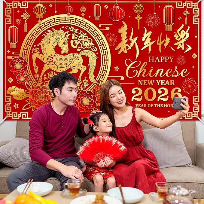 Mocsicka 2026 Chinese New Year Backdrop Banner 2026 Lunar The Year of The Horse Decorations Banner Chinese Spring Festival Family Party Decorations Photo Background (6x3.6ft)