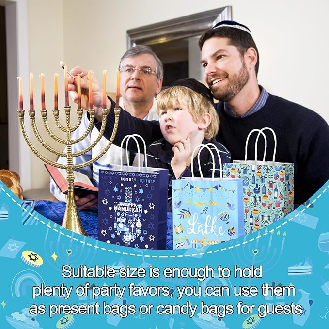Outus 24 Pcs Hanukkah Party Favor Bags Chanukah Gift Goodie Paper Bags with Handles Blue Star of David Dreidel Candy Treat Pouch for Happy Hanukkah Party Decorations Supplies