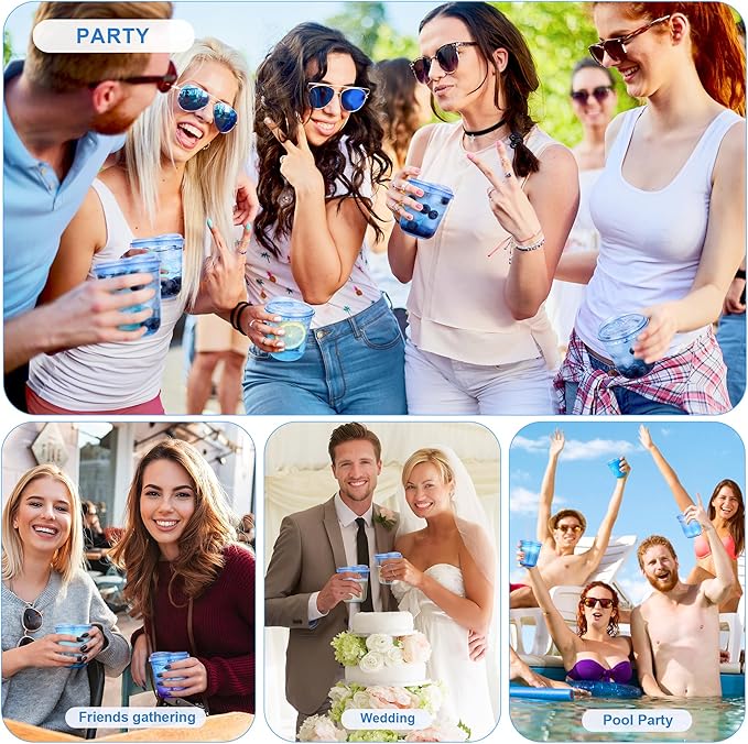 KesaPlan 50 Pcs Blue Plastic Cups, 12oz Disposable Stemless Wine Glasses for Cocktail Clear Wine Cups Cocktail Glasses Blue Party Cup for Wedding Birthday Meeting Christmas Party