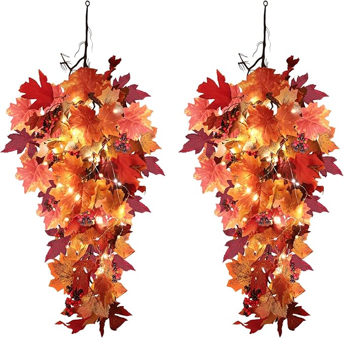 Halloween Garland Decor Indoor Table Decorations Fall Wall Hanging Artificial Black Maple Leaf Vine Decorations for Home (2 Pcs Fall Light, Set with Light)