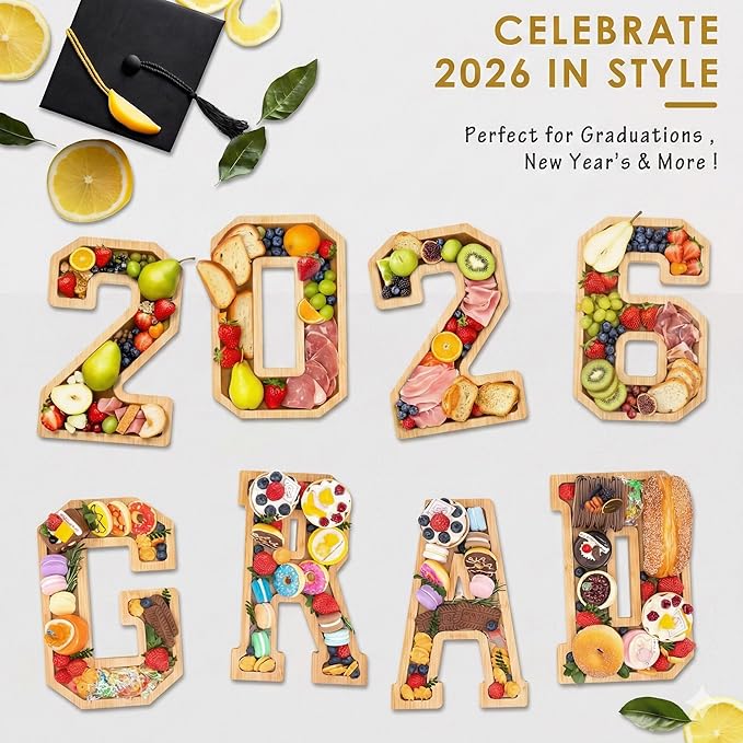 4PCS Wooden Graduation Decorations Number Charcuterie Board Box-(with 14 Balloons) GRAD Charcuterie Numbers Fillable Food Graduation Party Supplies Suitable for 2025 Party Graduation Decoration
