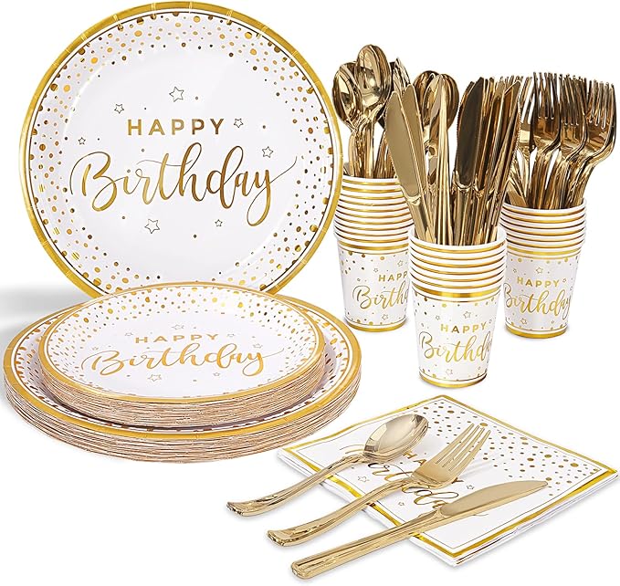 175PCS Happy Birthday Plates and Napkins Party Supplies, Gold Dot Paper Plates and Napkins with Gold Plastic Forks Knives Spoons Serve 25 Guests for Birthday Party Decorations