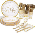 175PCS Happy Birthday Plates and Napkins Party Supplies, Gold Dot Paper Plates and Napkins with Gold Plastic Forks Knives Spoons Serve 25 Guests for Birthday Party Decorations
