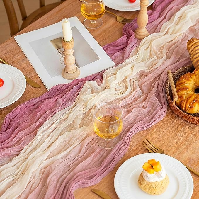 FEXIA Cheesecloth Table Runner 35x120 Inch, Ombre Pink Gauze Table Runner for Wedding, Bridal Shower, Boho Party Decor, Baby Shower, Long Table Centerpiece for Dining Table (Blush Sunset)