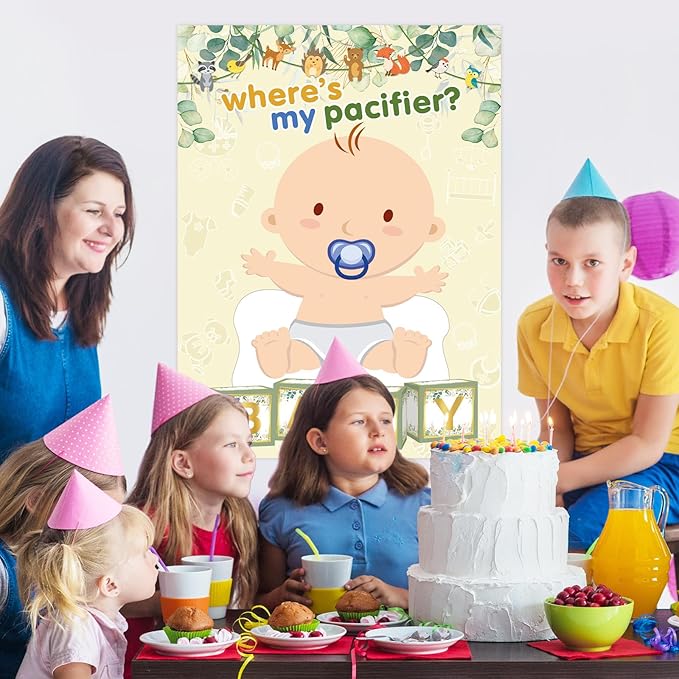 Pin The Pacifier on The Baby Game with 48 PCS Pacifier Stickers for Kids Girls Birthday 21'' x 28'' (Baby Shower)