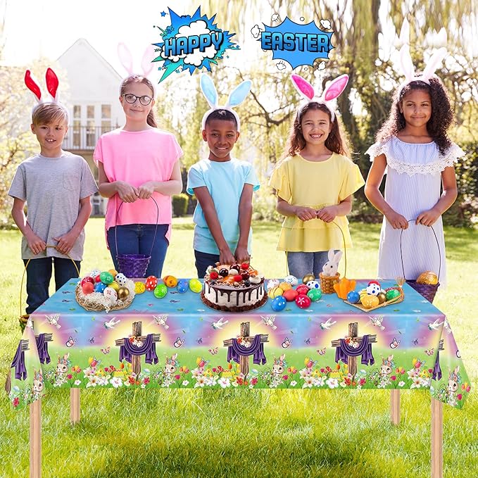 2 Pack Easter He is Risen Tablecloth - Spring Flower Christian Cross Table Cloth, Plastic Disposable Rectangle Religious Easter Bunny Eggs Table Cover for Tables Decorations and Party Decor,108x54Inch