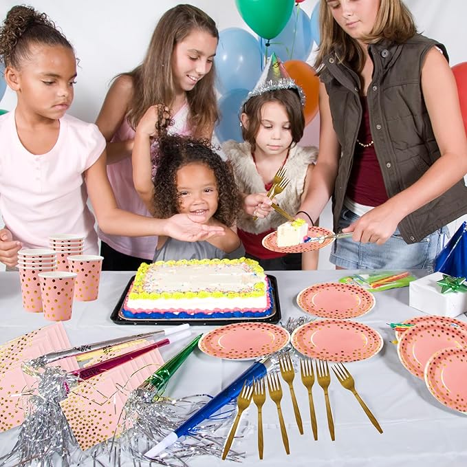 160 Pcs Pink And Gold Paper Plates(7 inches), Birthday Cake Party Plates And Napkins, Wedding Disposable Utensils Serves 40 (Pink)