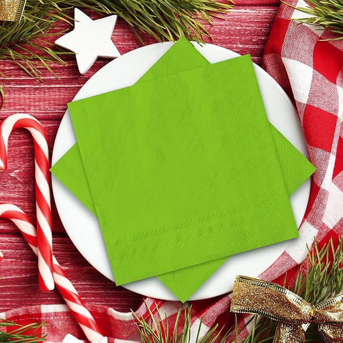 Whaline 100 Pcs Christmas Tableware Set Lime Green Disposable Dinnerware Set 50 Pcs Paper Plates 25 Pcs Napkin 25 Pcs Cups for Xmas Winter Birthday Party Supplies Table Decor