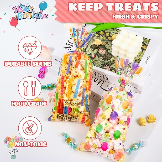 50PCS Birthday Clear Cellophane Treat Bags: Clear Goodie Bags with 60 Twist Ties for Kids Birthday Party Favors Wrapping, Packaging Candy Cookies Treat Classroom Return Gifts - 4 Colorful Designs