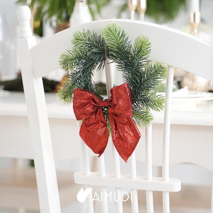 AIMUDI Red Glitter Wired Ribbon Bows with Twist Tie 5.5" Premade Metallic Christmas Bows for Gift Wrapping, Wreath, Garland, Holiday Crafts Party Home Outdoor Christmas Tree Decorations, 12 PCs