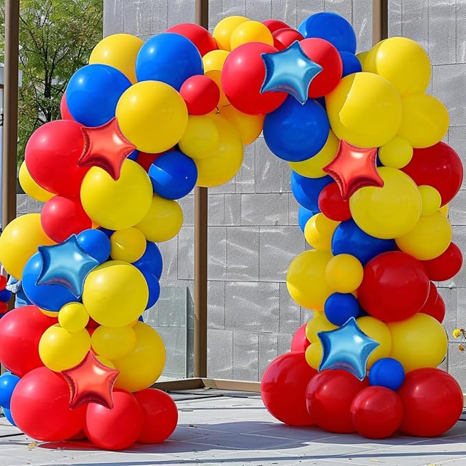 Carnival Circus Balloon Garland Arch Kit, 160Pcs Red Yellow Blue Latex Balloons with Star Foil Balloons for Baby Shower Bridal Shower Birthday Party Decorations