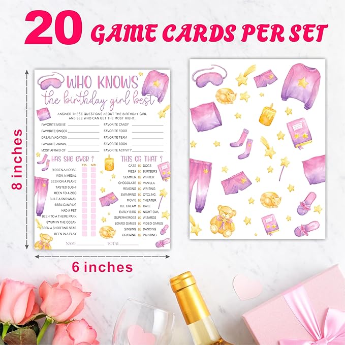 6"X8" Who Knows The Birthday Best - Watercolor Girl's Slumber Party - Funny Double-Sided 3-in-1 Game Card Set for Birthday Party, Sleepover Party Activities Supplies (20 Pcs)- A06